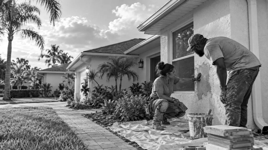 Placeholder image. Two remodelers patching stucco on the front elevation of a Central Florida block home in late afternoon light.