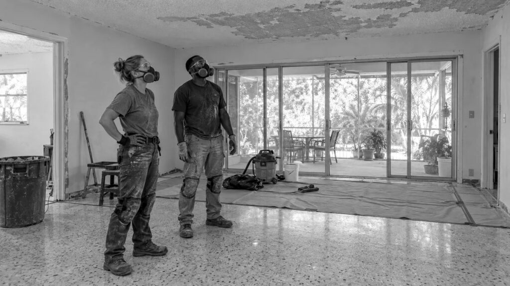 Placeholder image. Two remodelers in respirators assessing a stripped 1980s Florida living room with exposed terrazzo and a part-removed ceiling.