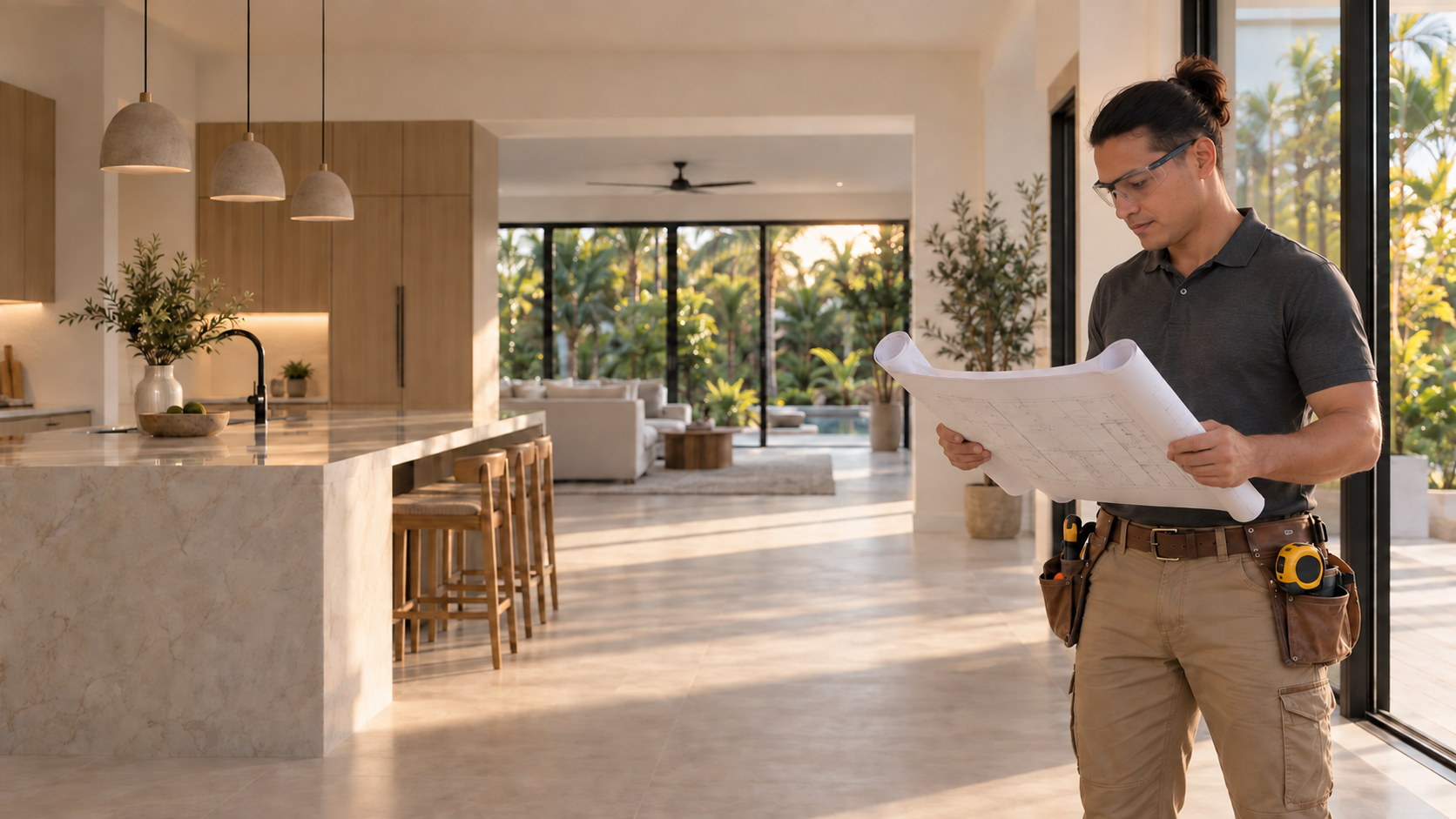 Vanguard Home Remodels owner in safety glasses and a tool belt, reviewing rolled plans in a bright open-plan Florida kitchen.